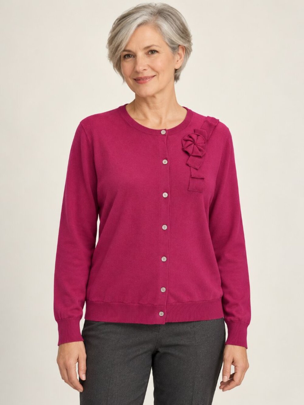 Lands' End Pink 3D Floral Rosette Cardigan Women M Cotton Preppy Style